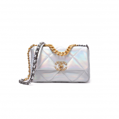 CHANEL IRIDESCENT CALFSKIN QUILTED MEDIUM CHANEL 19 FLAP LIGHT GOLD PURPLE BLUE AS1160 (26*17*8cm)